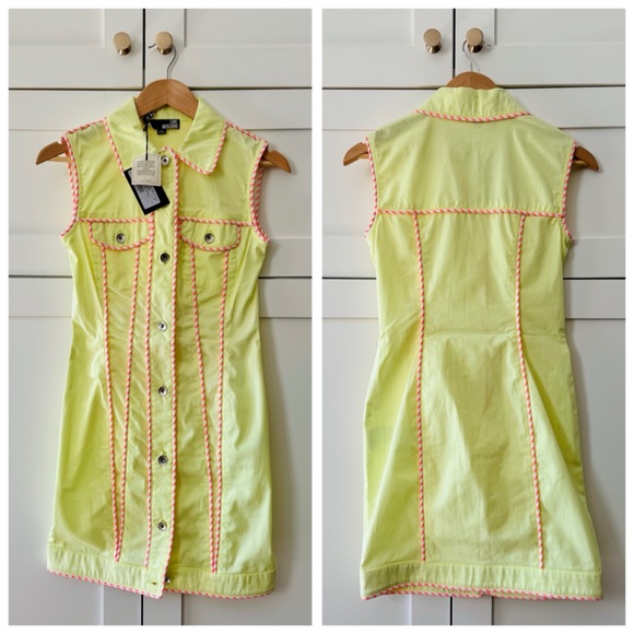 LOVE MOSCHINO Highlighter Neon Yellow Button Front Sleeveless Shirt Dress, sz. 2 - Picture 1 of 17